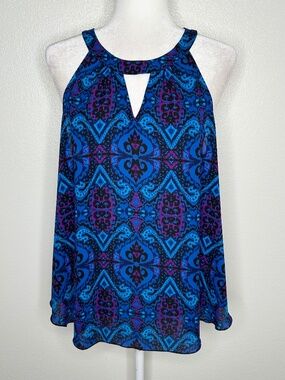 Express Womens Blue Patterned Keyhole Sleeveless Flowy Top Blouse Size L EUC